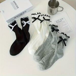 3 Pair Black-White-Gray Scallop Top Ruffle with Black Trim & Bows Mid-Calf Socks